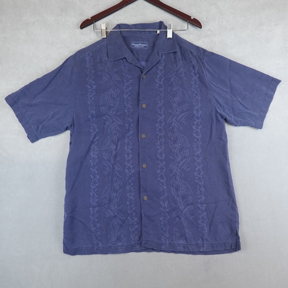 VTG Tommy Bahama Shirt Mens Large Hawaiian Silk Blue Camp Short Sleeves